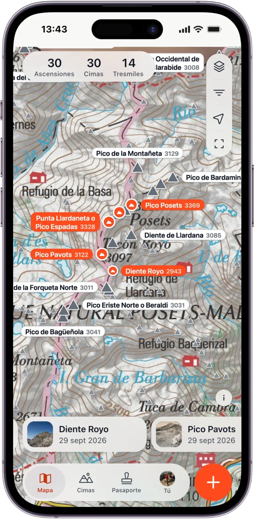 Mapa topográfico del macizo de Posets con las cimas subidas en naranja